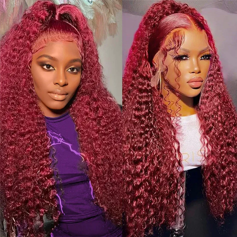 13x4 Lace Front Wine Red Deep Wave Wig glueless preplucked Long Natural Curly Wigs Heat Resistant Fiber Look Like Human Hair