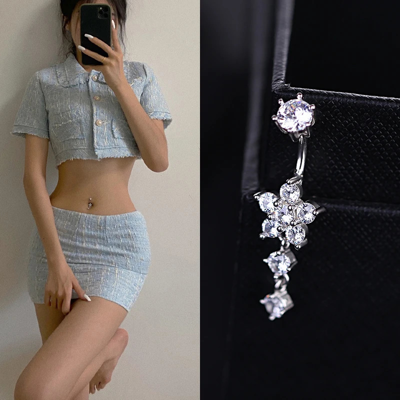Hypoallergenic 925 Sterling Silver Plum Blossom Flower Navel Piercing Belly Button Rings Romantic Zircon Body Jewelry Women Gift 250107