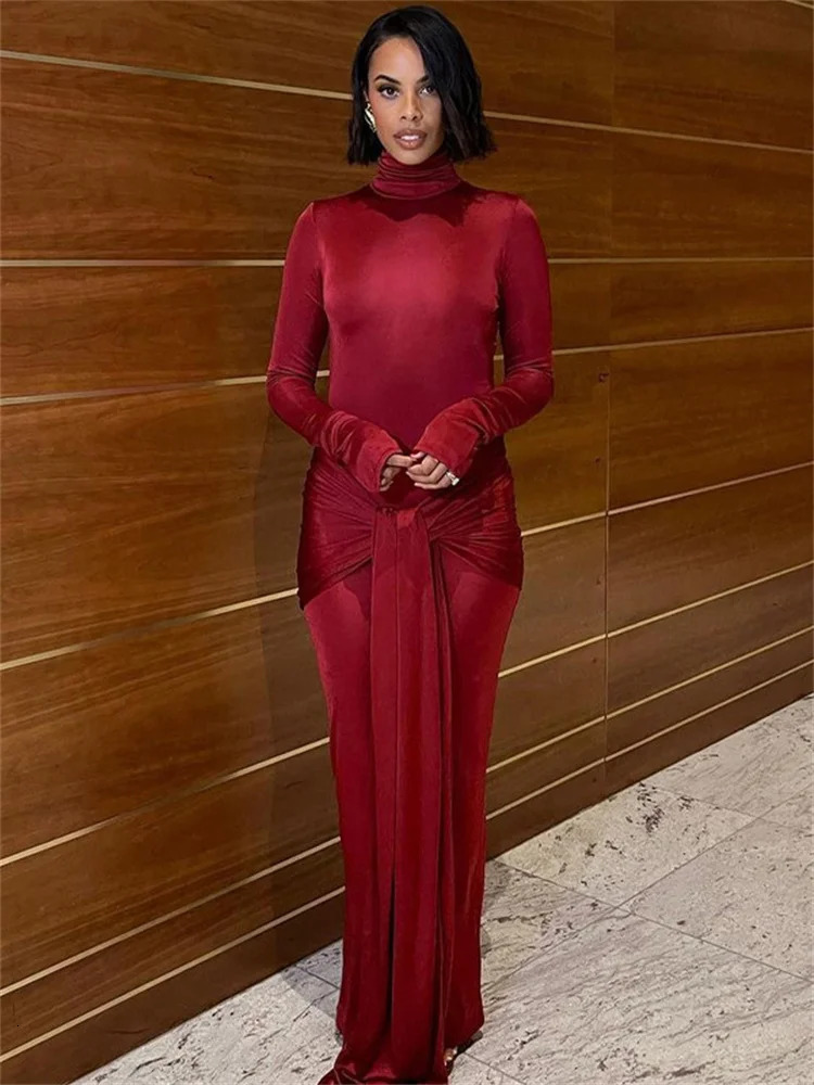 Tossy Fashion Bandage Spring Maxi Dress For Women Slim Pleated Long Sleeve Lace-Up Party Dress Ladies Solid Long Dress 250109