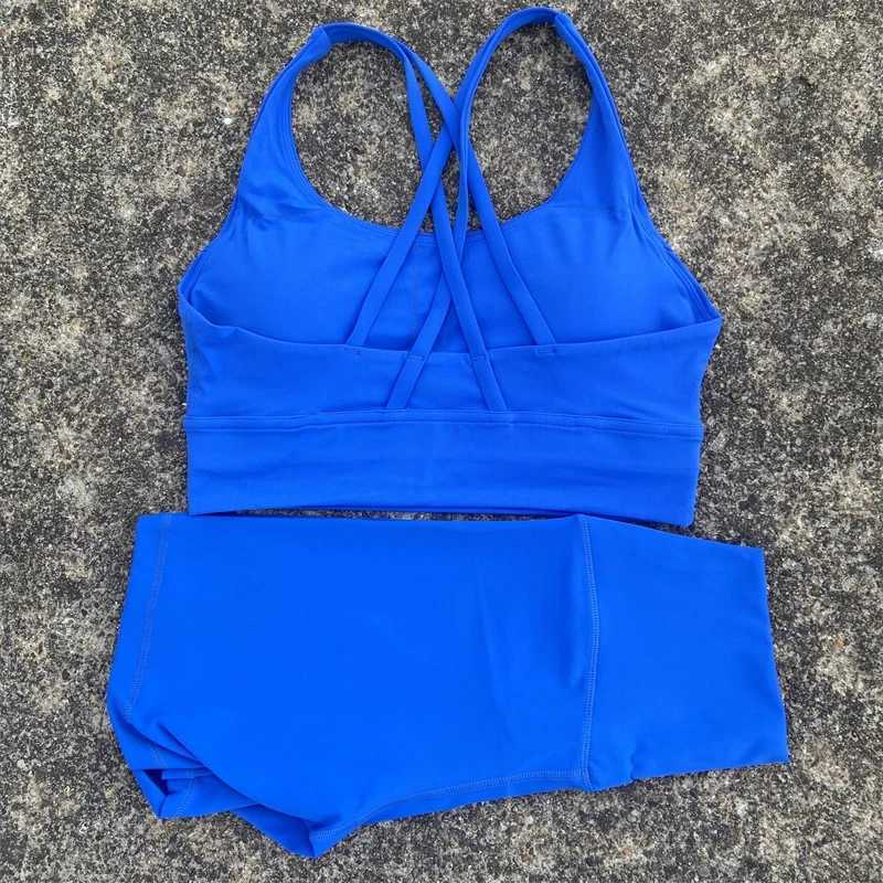 Solid color womens soft gym yoga suit bicycle short leg 2pc cross sports bra track and field uniform comprehensive training jogging sportswearXJ250410