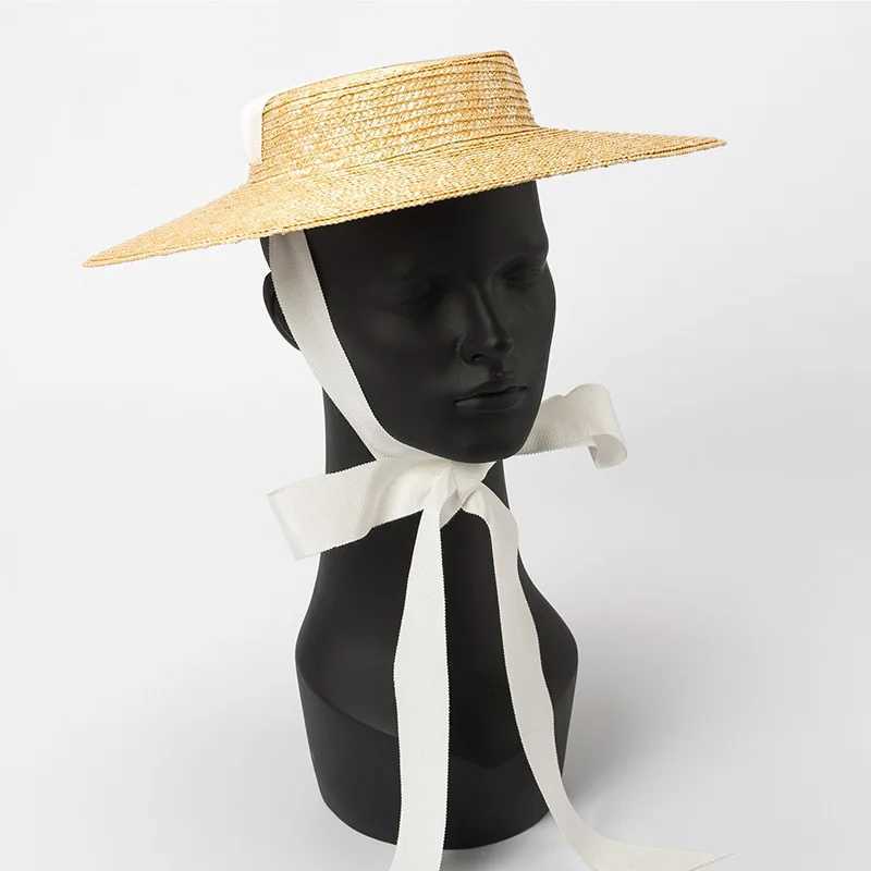 Wide Brim Rowing Hat 10cm 15cm Brim Straw Hat Warm Summer Kentucky Derby Hat White Ribbon Tie Sun Hat X250109