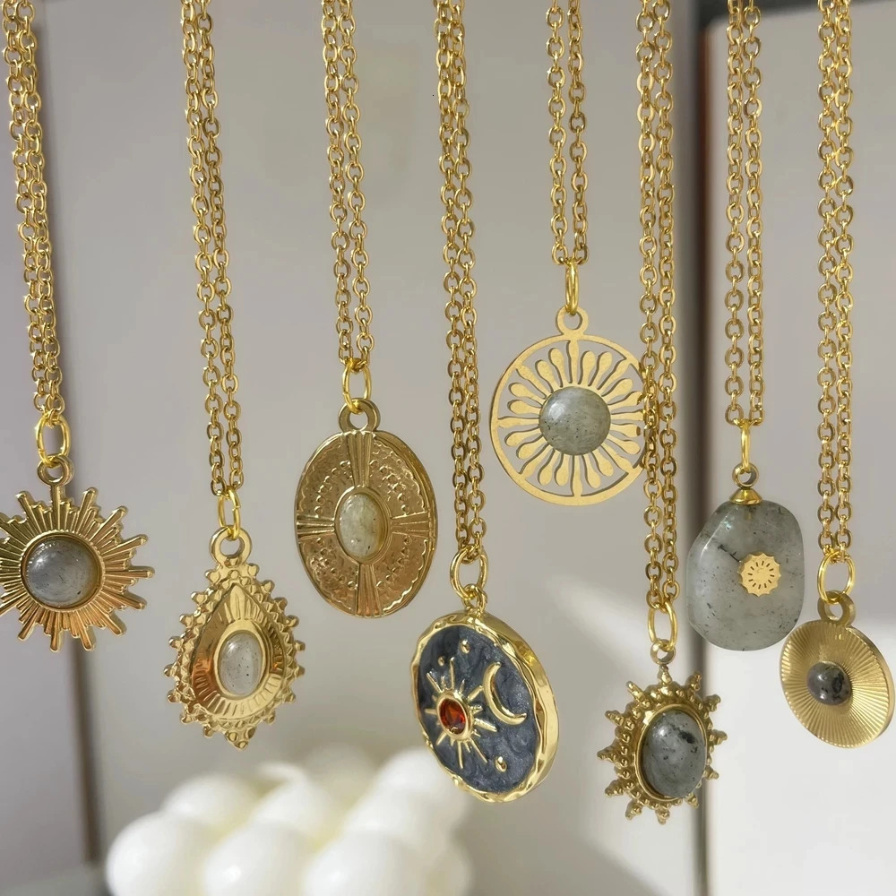 HangZhi Gray Enamel Round Star Sun Charm Natural Stones Pendants Necklace Stainless Steel Clavicle Chain Jewelry 250109