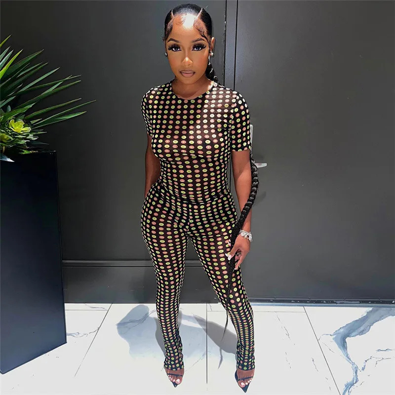 Two Piece Set Mesh Point Print Women Casual Shhort Sleeve Round Neck TshirtsHigh Waist Skinny Trousers Female Streetwear 250106