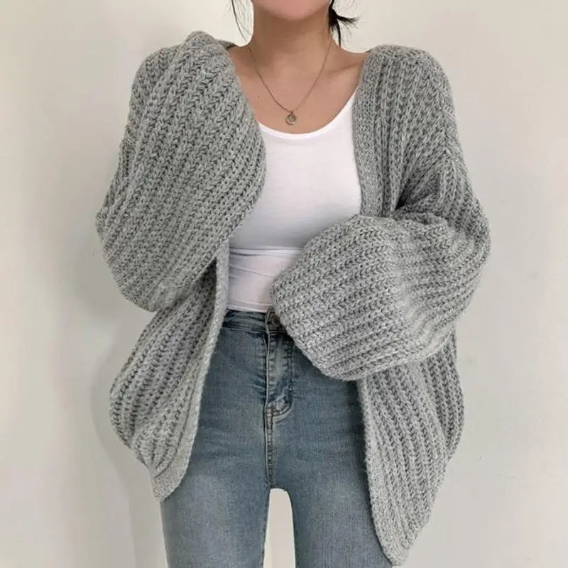 Women Knitted Cardigan Long Sleeve Sweater Jacket V-neck Oversized Loose Casual Balloon Sleeves Harajuku Cropped Cardigan 250106
