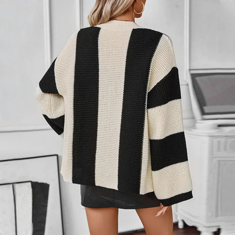 YJKDYK Autumn Winter Womens Knitted Cardigans Female Contrast Strips Vneck SingleBreasted Sweater Warm Knitwears 250108