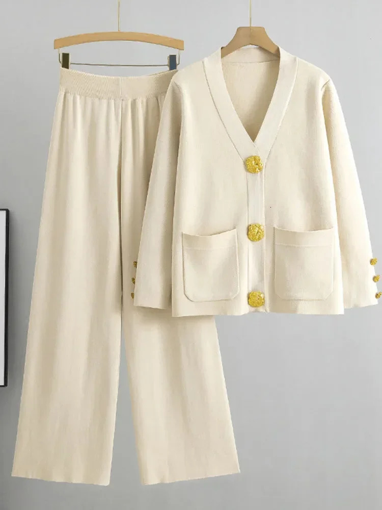 Casual Womens Knitted Pants Set Vneck Long Sleeved Single Breasted Sweater CardiganFlare Two Piece 250106