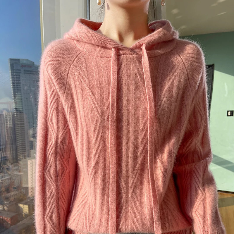 Classic womens 100% pure wool hooded sweater fashionable and soft knit pattern highquality long sleeved top 250108