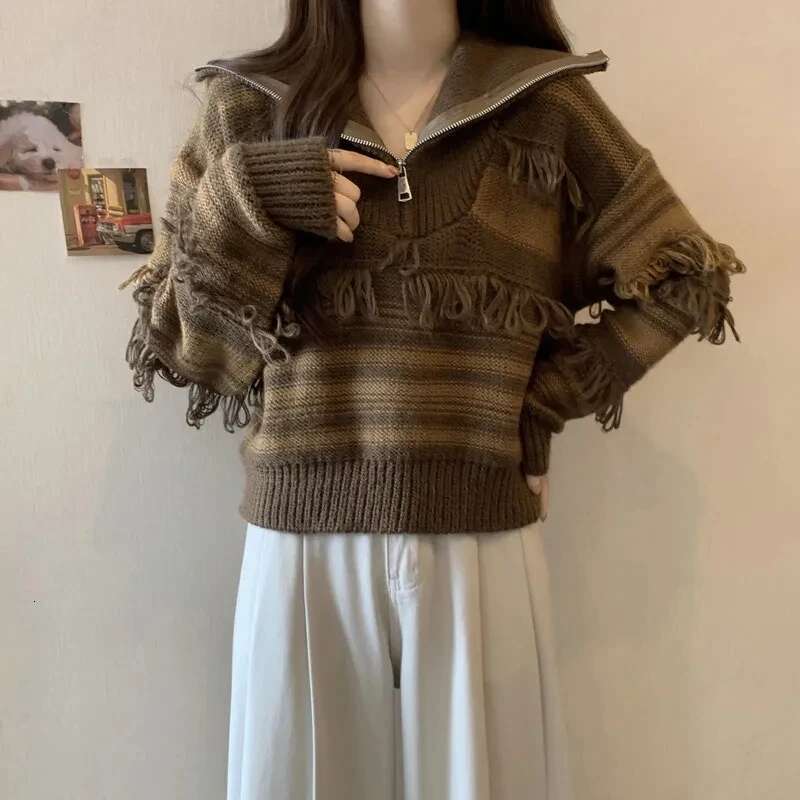 New Women's 2023 Autumn/Winter Elegant High Collar Stripe Tassel Ladies Knitted Pullover Loose Temperament Femme Sweater