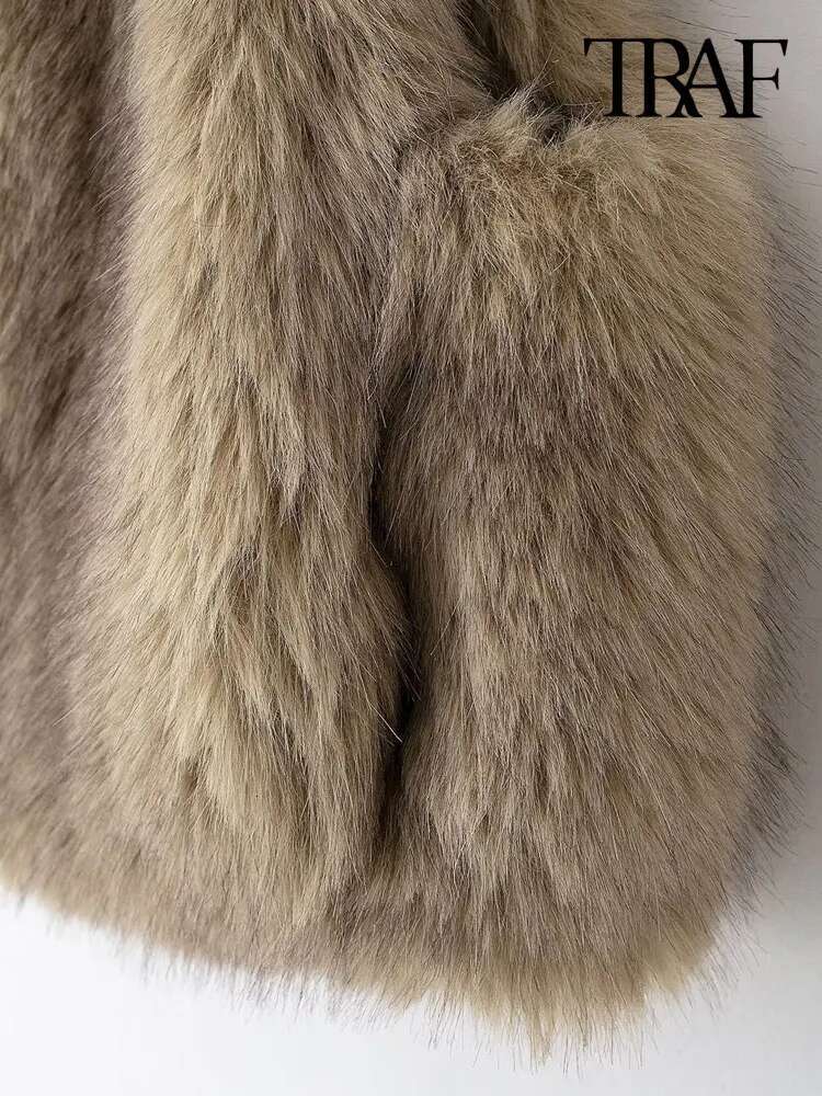 Traf-Women's Thick Warm Faux Fur Waistcoat, Sleeveless, Lapel Collar, Front Hook, Female Outerwear, Chic Vest Tops, Fashion