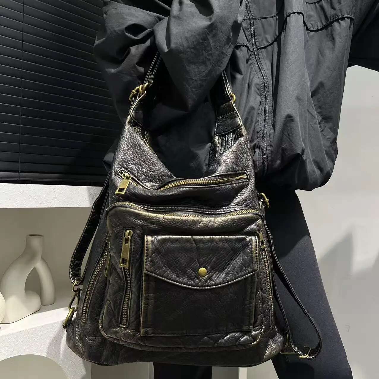 Ladies' Fashion Y2k Washed Vintage Hot Girl Motorcycle Tote Bag Multifunctional Backpack