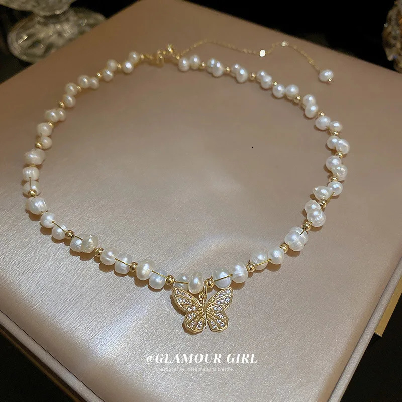 Elegant Butterfly Shiny Crystal Natural Freshwater Baroque Pearl 14K Gold Filled Ladies Necklace Jewelry For Women Short Chain250108
