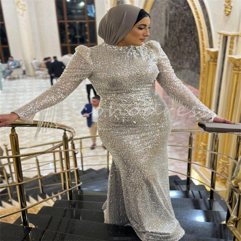Sparkly Sequined Muslim Evening Dress Plus Size Shine Mermaid Prom Dress Arabic Dubai Abaya Birthday Formal Party Dress Luxury Vestidos De Fiesta 2025