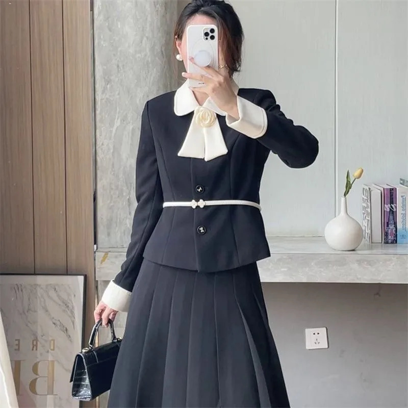 Lnsozkdg Elegant Black Splice Lapel Single Breasted Long Sleeve Contrasting Belt Womens Ruffle Coat Skirt Two Pieces Sets 250106