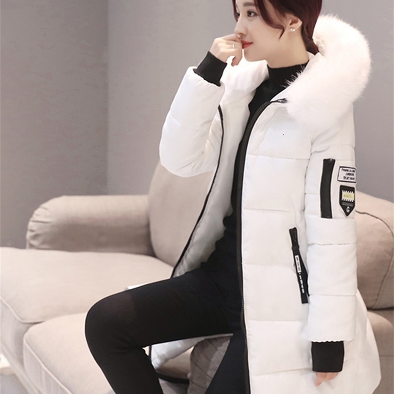 Women Winter Fur Collar Hooded Parka Fashion Letter Patch Zipper Pockets n Long Jacket Elegant Slim Warm Thick Female Coats y241226