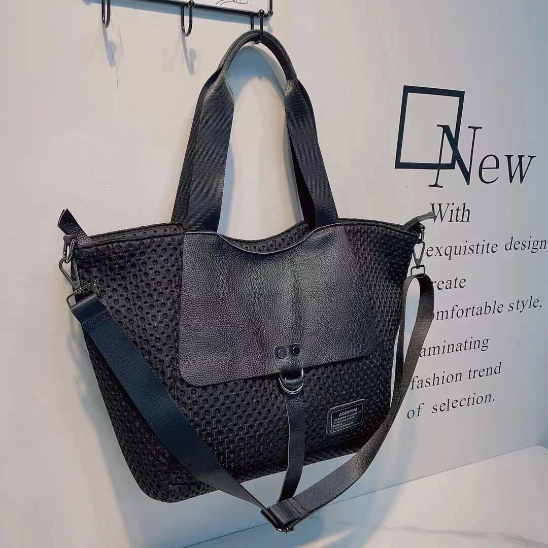 New Women's Slanted Shoulder Mesh Fabric Paired With Cowhide Handbag Men's Simple Short Distance Travel Bag