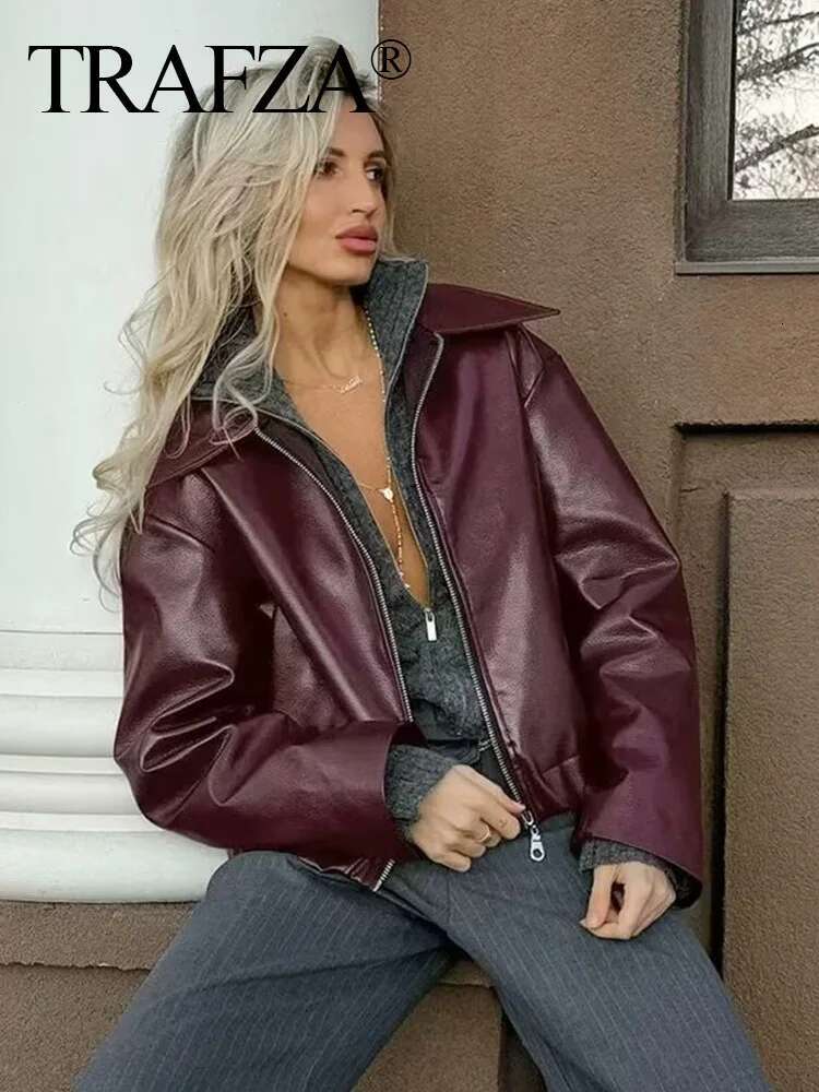 TRAFZA Women Fashion Bury Faux Leather Jackets Casual Lapel Long Sleeves Coat Zipper Autumn Female High Street Outerwear