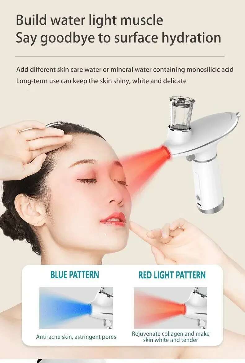 Portable Airbrush Water Nebulizer Smooth Red Blue Light Skin Rejuvenation Injector Oxygen Meter Facial Beauty Sprayer