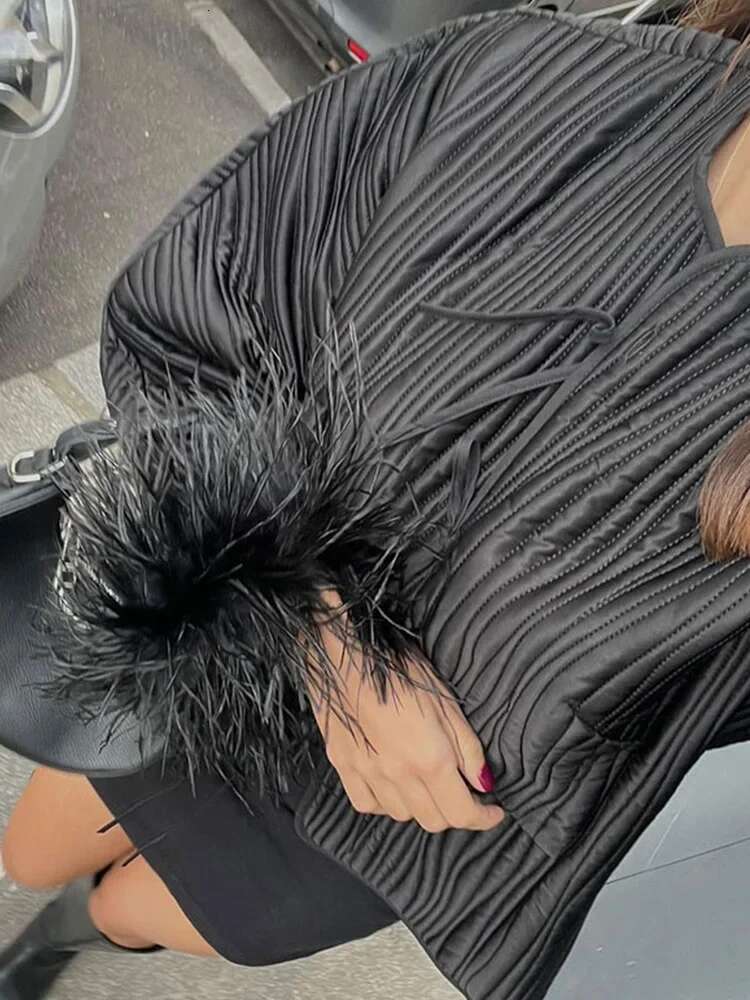 Fashion Solid Loose Spliced Feather Cuffs Lace Up Cotton Coat Streetwear O Neck Long Sleeves Jacket 2024 Autumn Winter Jackets