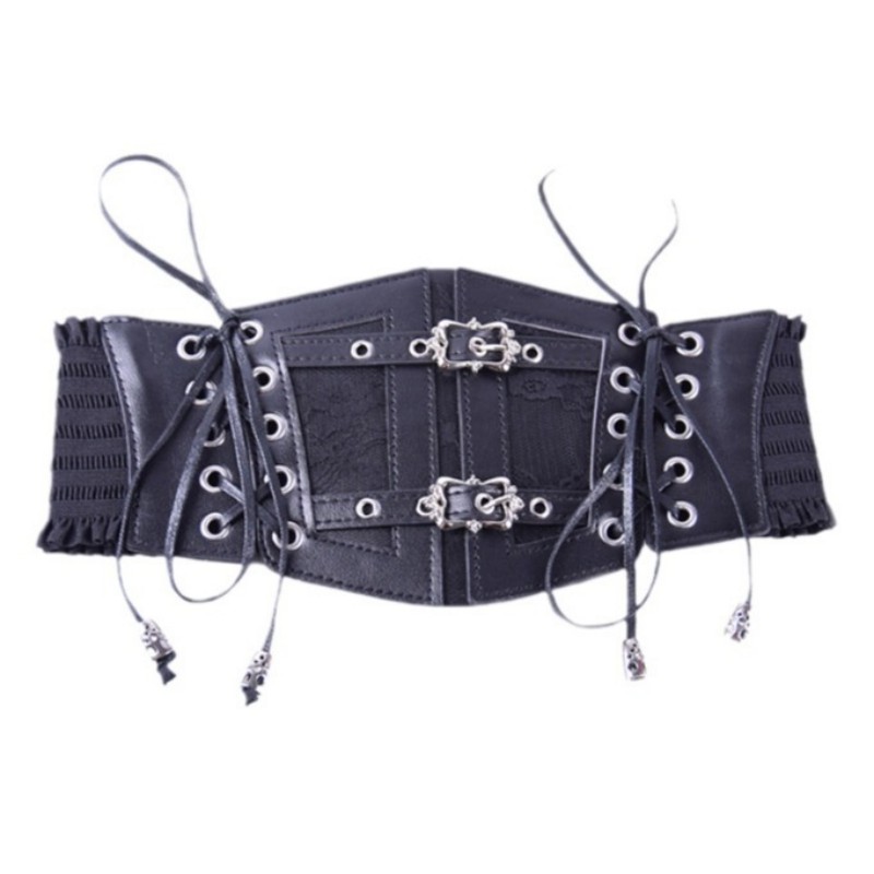 Ladies' Vintage Fashion Belt Wrap - Adjustable Lace Up Leather Bodice with Ornate Metal Buckles