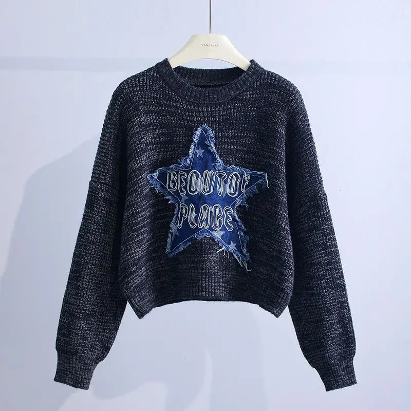 Fashion patchwork knitting Pullovers Women Autumn Winter vintage Letter Long sleeve sweater office Lady Allmatch Knitwear tops 250108
