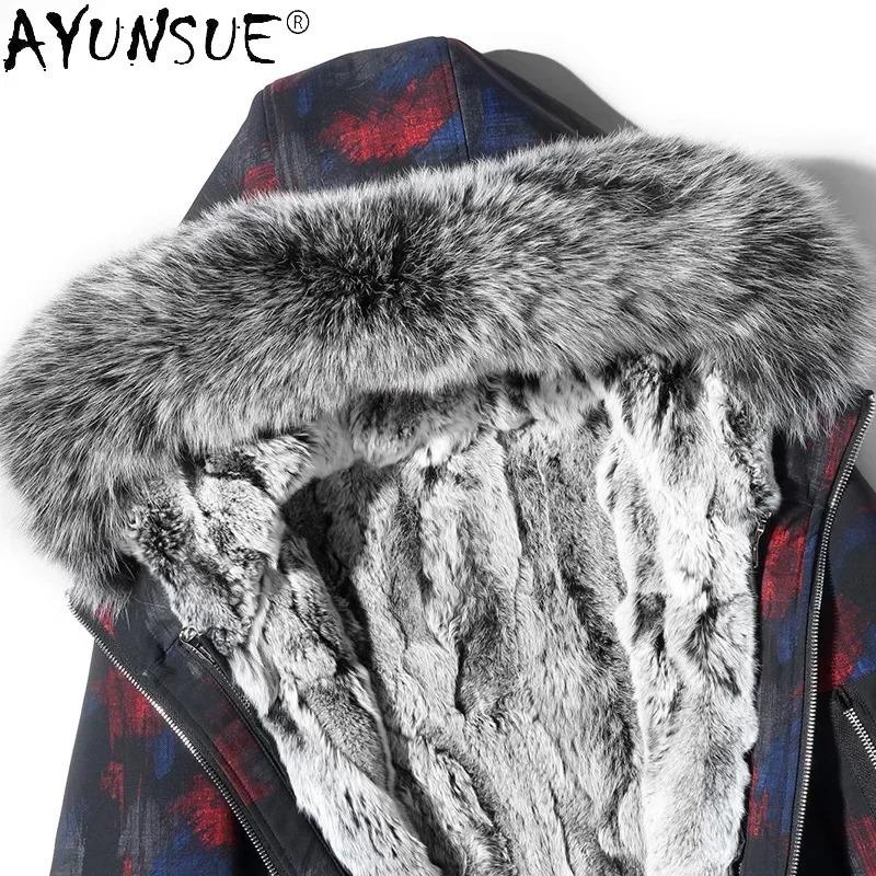 AYUNSUE Real Fur Parka Men Clothing Autumn Winter Detachable Rex Rabbit Liner Coat Hooded Jackets Collar 250107