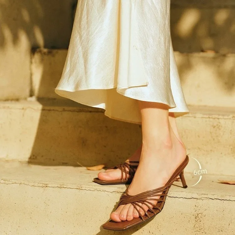 Ladies' Elegant High Heel Slip-On Mules with Cutouts - Fashionable Strappy Designer Footwear