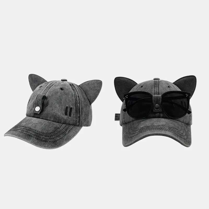 New cute Cats ears (Steamed cat-ear shaped bread) with baseball cap washed baseball cap adjustable outdoor sun hat unisex X250109