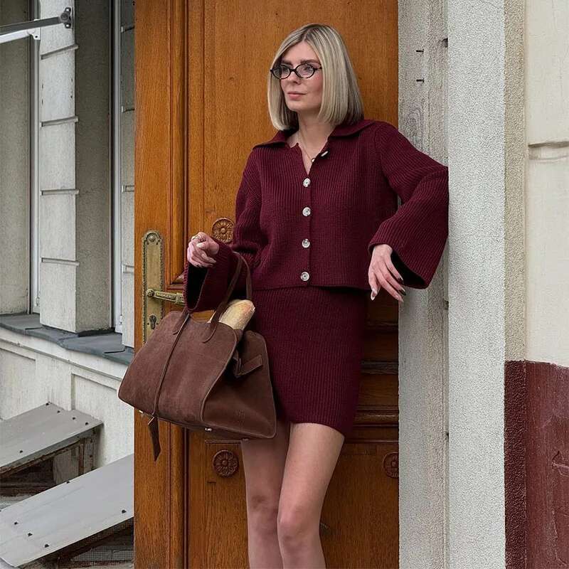 Women's Wear 2 Pieces Lapel Long Sleeve Single Breasted Cardigan Short Skirt Suit Elegant Solid Knitted Sets For Women Lady Slim Fall Suits