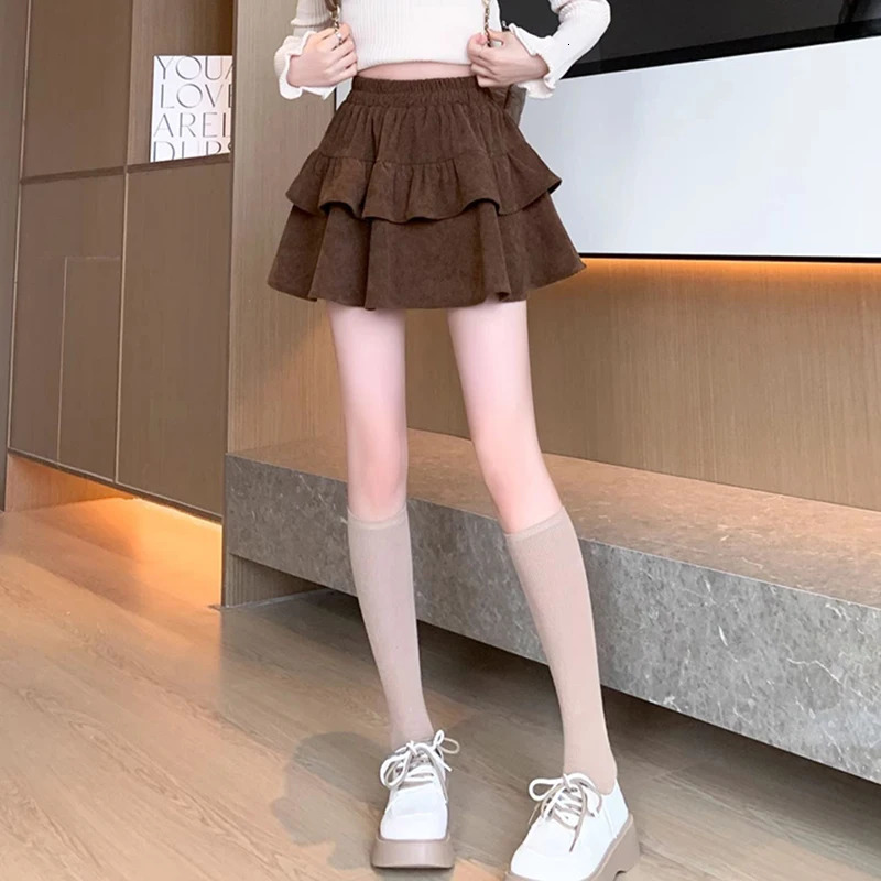 Y2K Corduroy Women Mini Skirts Korean Sweet Kawaii High Waist Female A Line Patchwork Folds Ruffles Ball Gown 250106