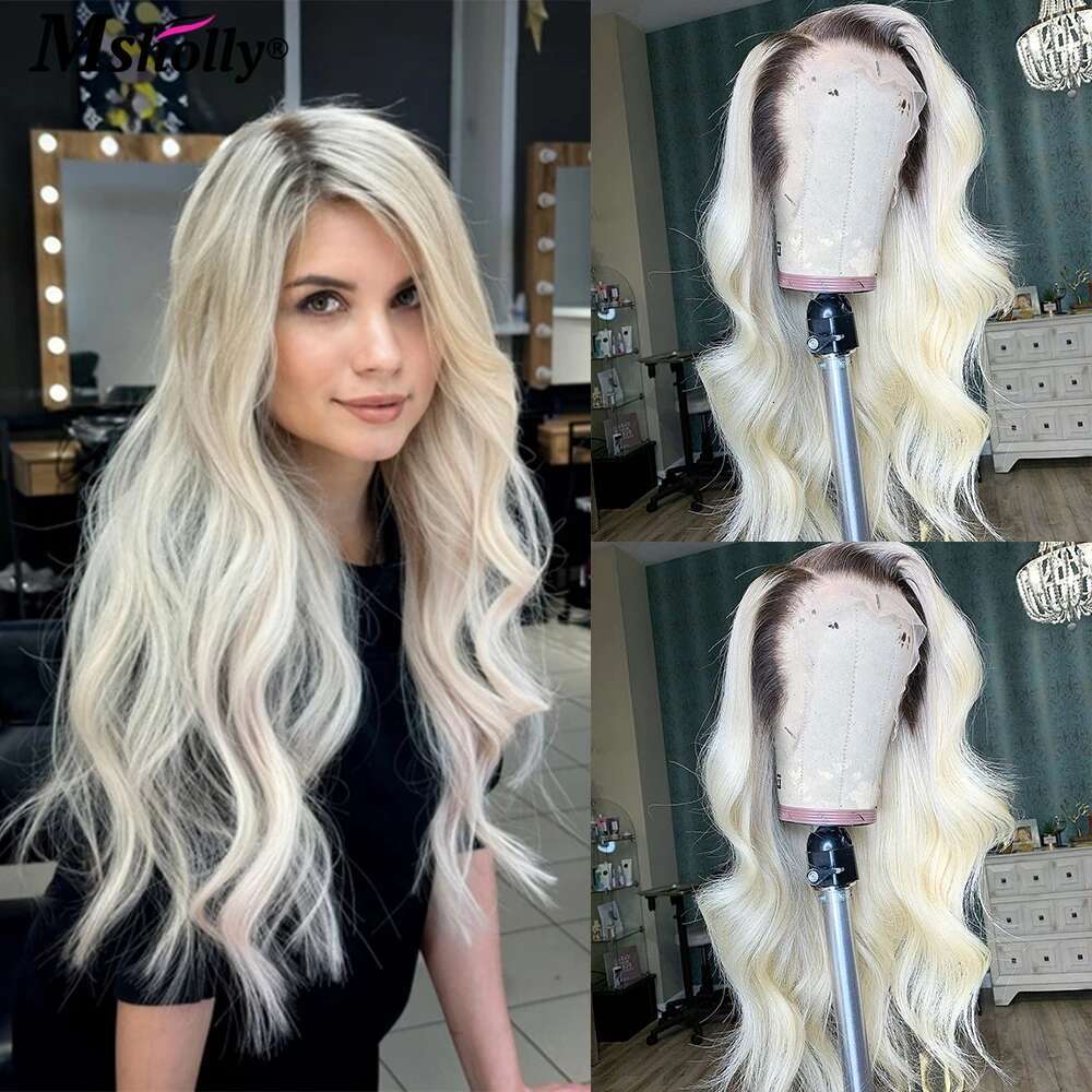 Highlight Platinum Blonde Body Wave Lace Front Wigs With Dark Roots Pre Plucked 180% Density Free Part Wig Human Hair