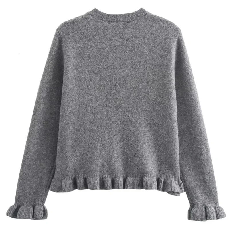 Woman Ruffled Crop Cardigan Autumn Blue Grey Knitwear Womens Sweater Ruched Long Sleeve Outwear Korean Style Cardigan 250106