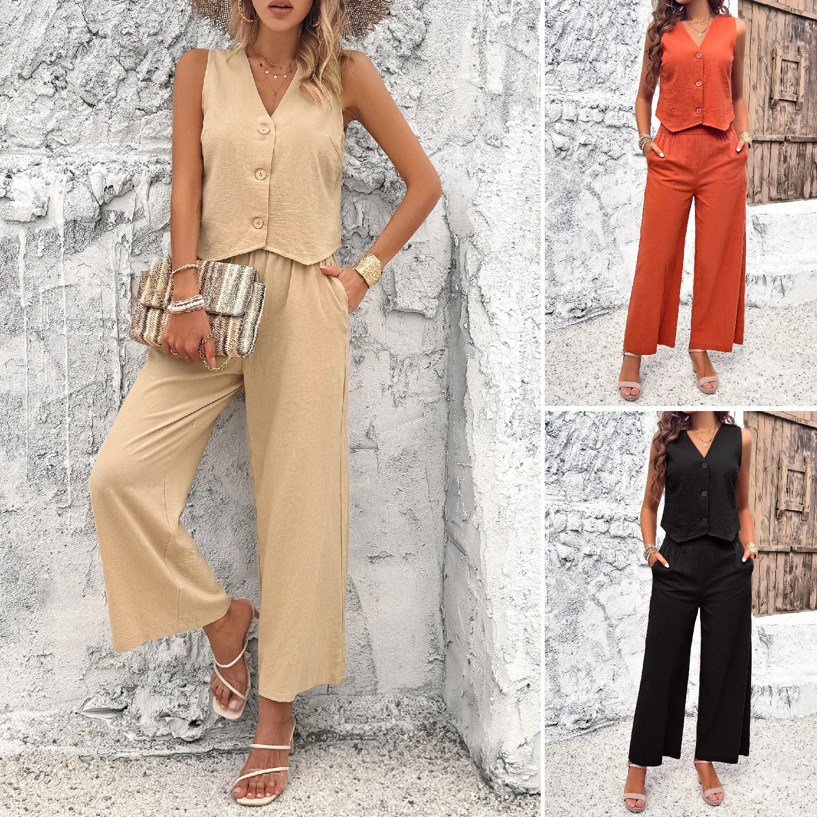 YJKDYK Summer Womens Clothing Sales Solid Color Vneck Button Vest Ladys Ninth Pants Elegant 2piece Sets For Women 250106