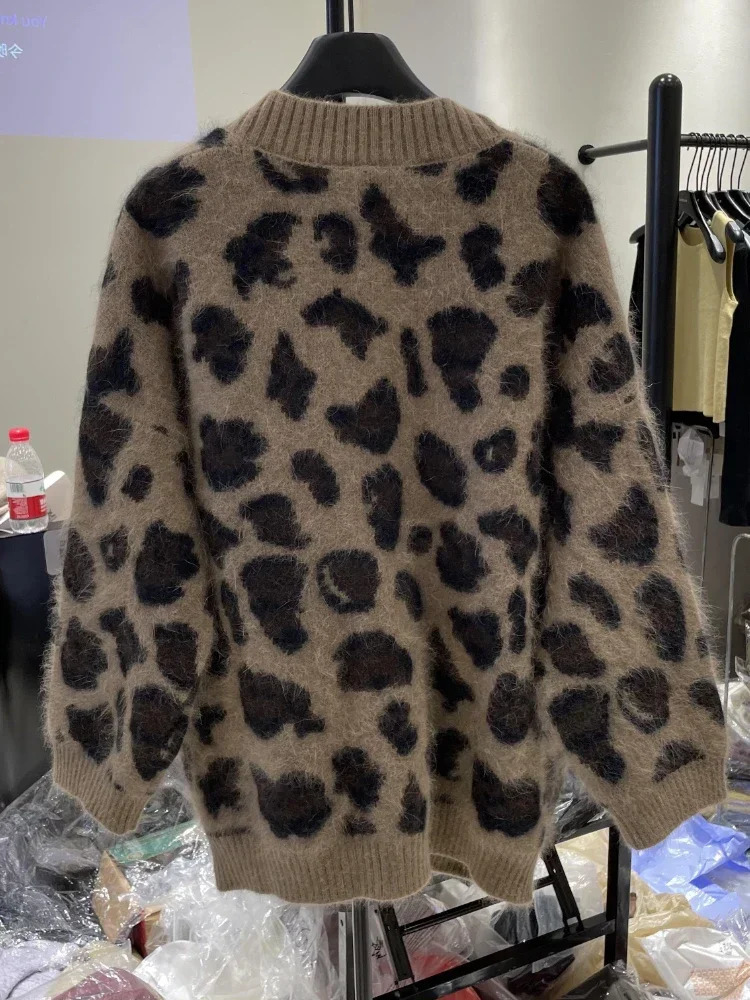 Oversized Cardigan for Women Autumn Clothing Vintage Sueter Mujer Fashion Casual Leopard Print Knitted Sweater Coat Pull Femme 250108