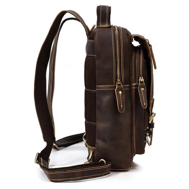 Crazy Horse Mens Chest Bag Single Shoulder 2 Use Vintage Cow Leather Male Travel Backpack Daypack Brown