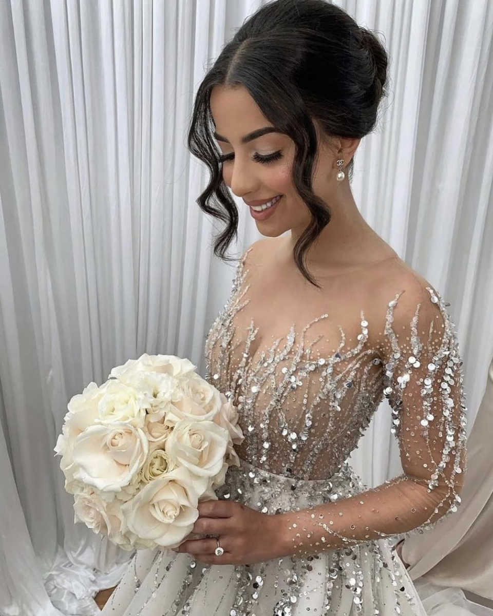 African Mermaid Wedding Dress Sheer Neck Full Sleeves Beaded Sequins Vintage Elegant Bridal Gowns With Detachable Train
