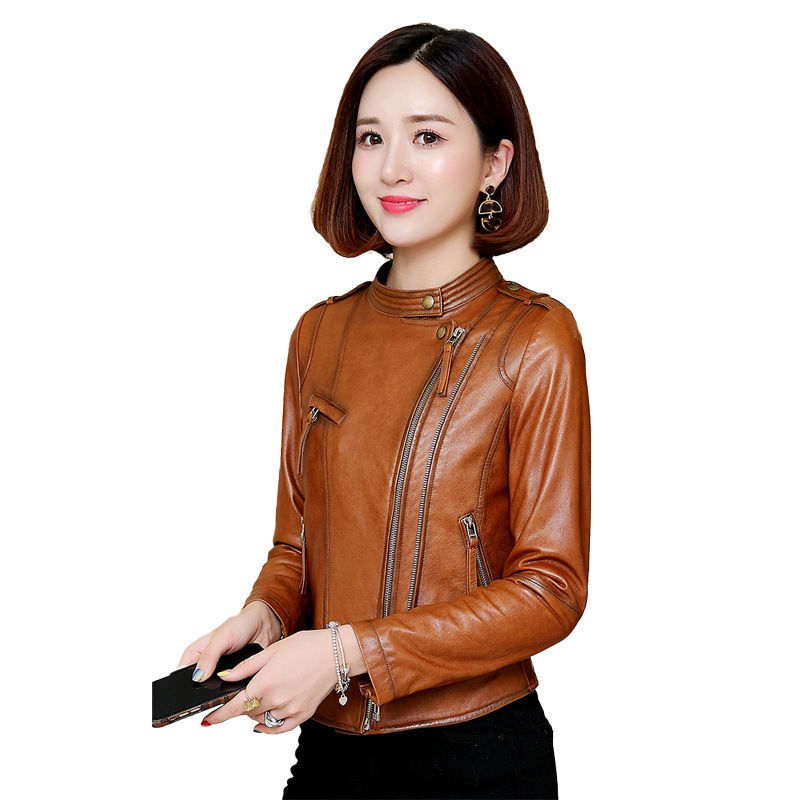 574Y946 Spring and Autumn Women's Jacket Leather Short Sheepskin Slim Fit and Slimming Motorcycle Suit Wholesale and Customization