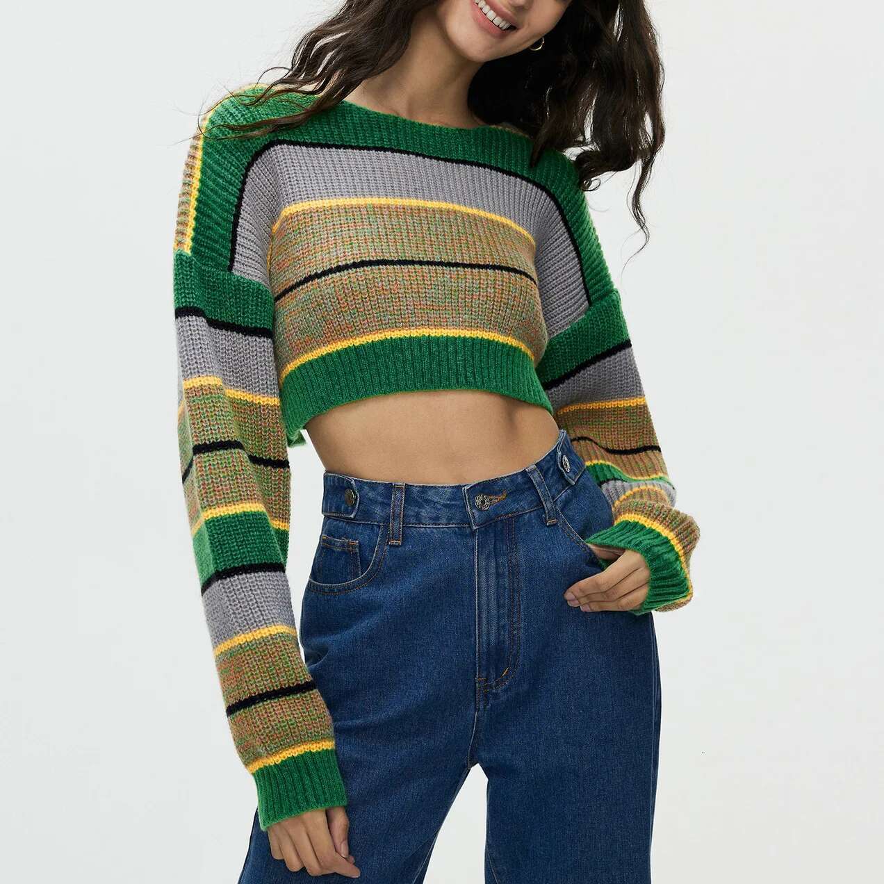 Hooded Women's New Style Spicy Girl Striped Color Blocked Loose Knit Short Sweater Jacket Women
