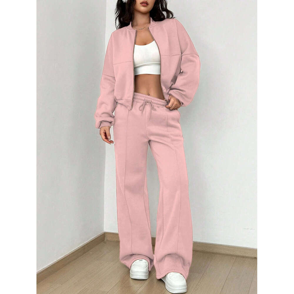 Women's Wear 2-Piece Retro Solid Color Zipper Bomber Jacket Sweatshirt + High-Waisted Lace-Up Women's Loose Veet Pants Suit