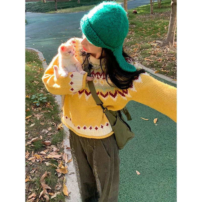 MEXZT Vintage Print Sweater Women Harajuku Patchwork Knitted Pullovers Streetwear Long Sleeve Knitwear Winter Casual Jumpers 250108
