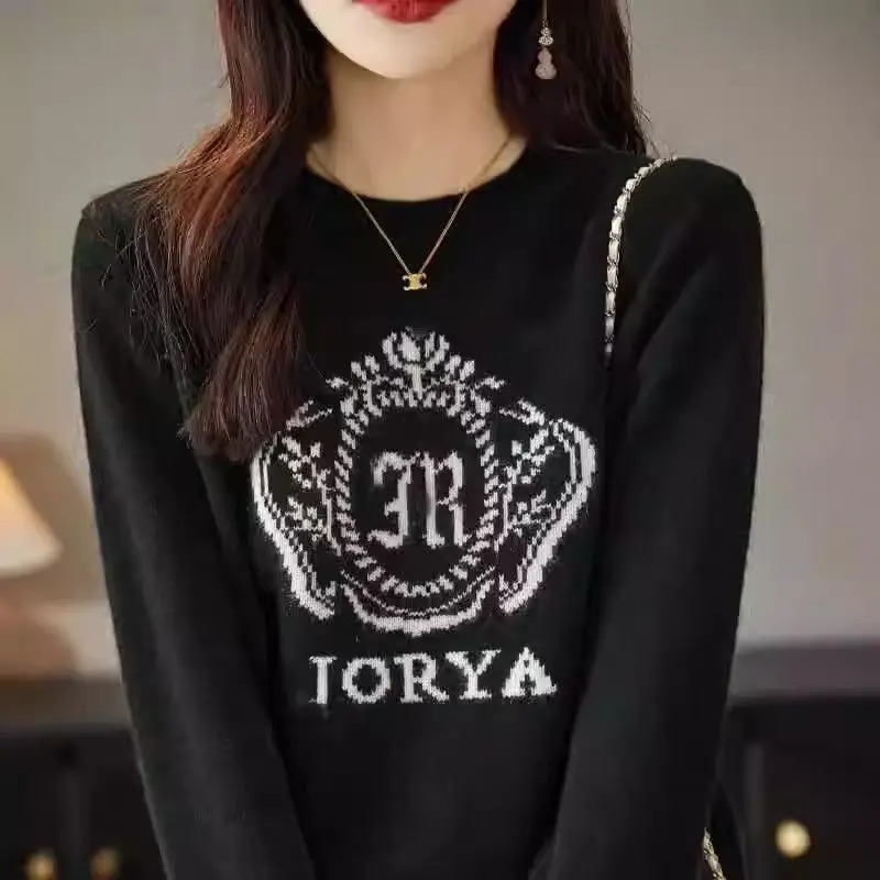 Women Letter Jacquard Knitted Sweater Autumn Winter Oeck Loose Vintage Chic Pullovers Casual Fashion Long Sleeve Tops 250108