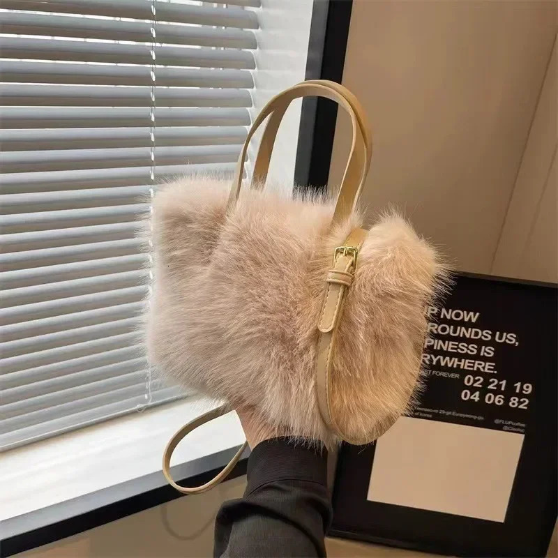 Faux Fur Tote Bag Womens Bucket Plush n Ladies Handbags Soft Winter Crossbody Shoulder Bags Bolsa Feminina 250106