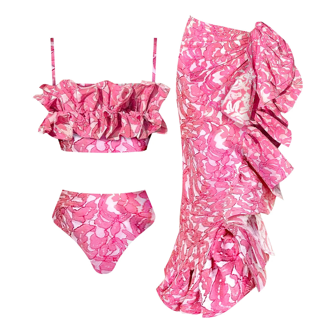 3Pieces Sexy Printed Bikinis With Cover Up Women Swimsuit Ruffle Swimwear Female High Waist Swim Suits Bodysuit Beachwear 250108