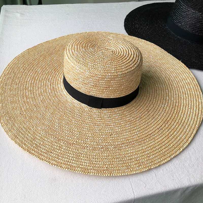 New Brim rowing hat 15cm wide Brim straw hat plain weave summer Kentucky derby hat white black ribbon tie sun hat beach hat X250109