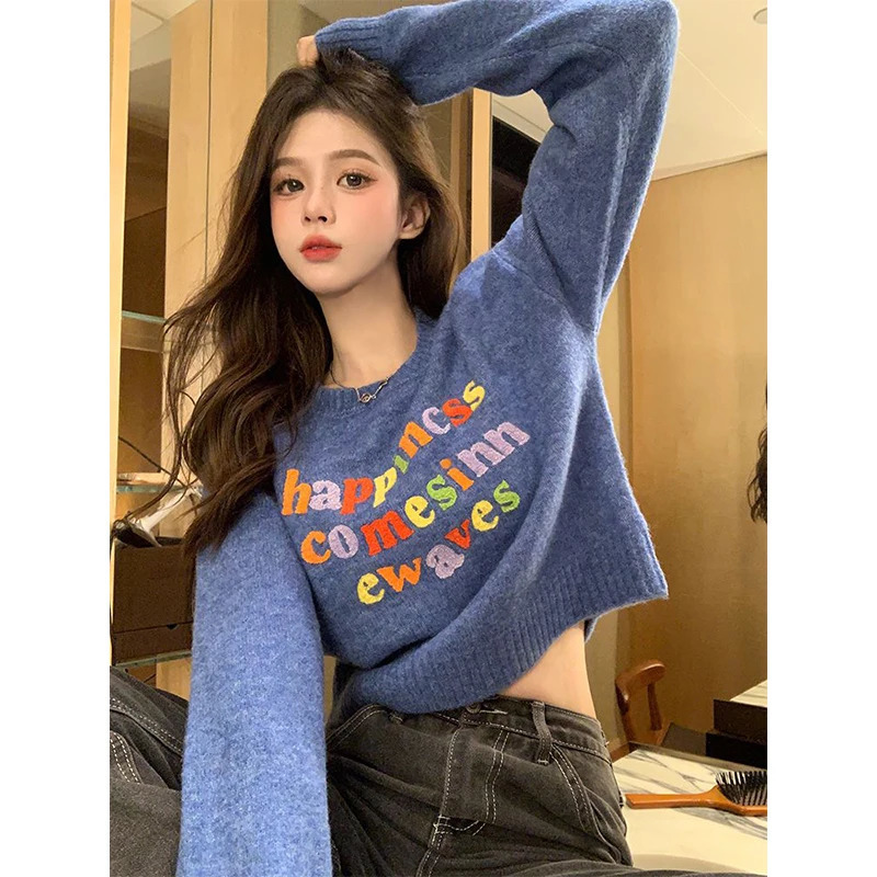 Multicolor Letter ed Pullovers Women Autumn Winter Sweet Fashion Long Sleeve Sweater Casual Allmatch Knitwear Tops 250108