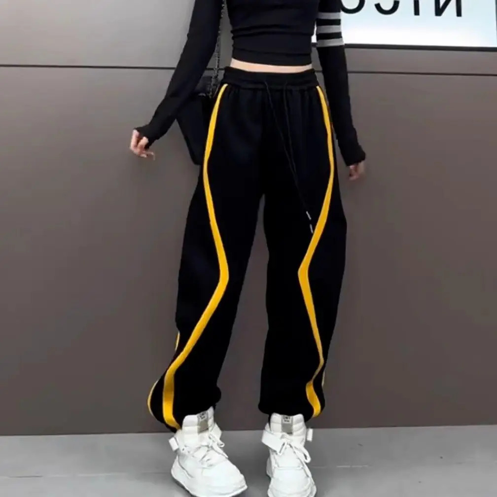 Womens Autumn and Winter Sweatpants with Plush Loose Thick Color Blocking Ankle Binding 250108