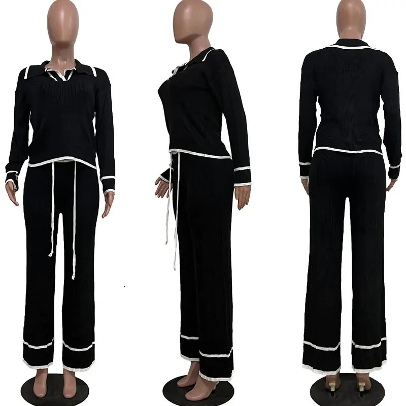 Active Wear Knitted Casual Tracksuit for Women Two Piece Set Sporty Fitness Striped Sweater Top and Wide Leg Pants Jogging Femme 250106