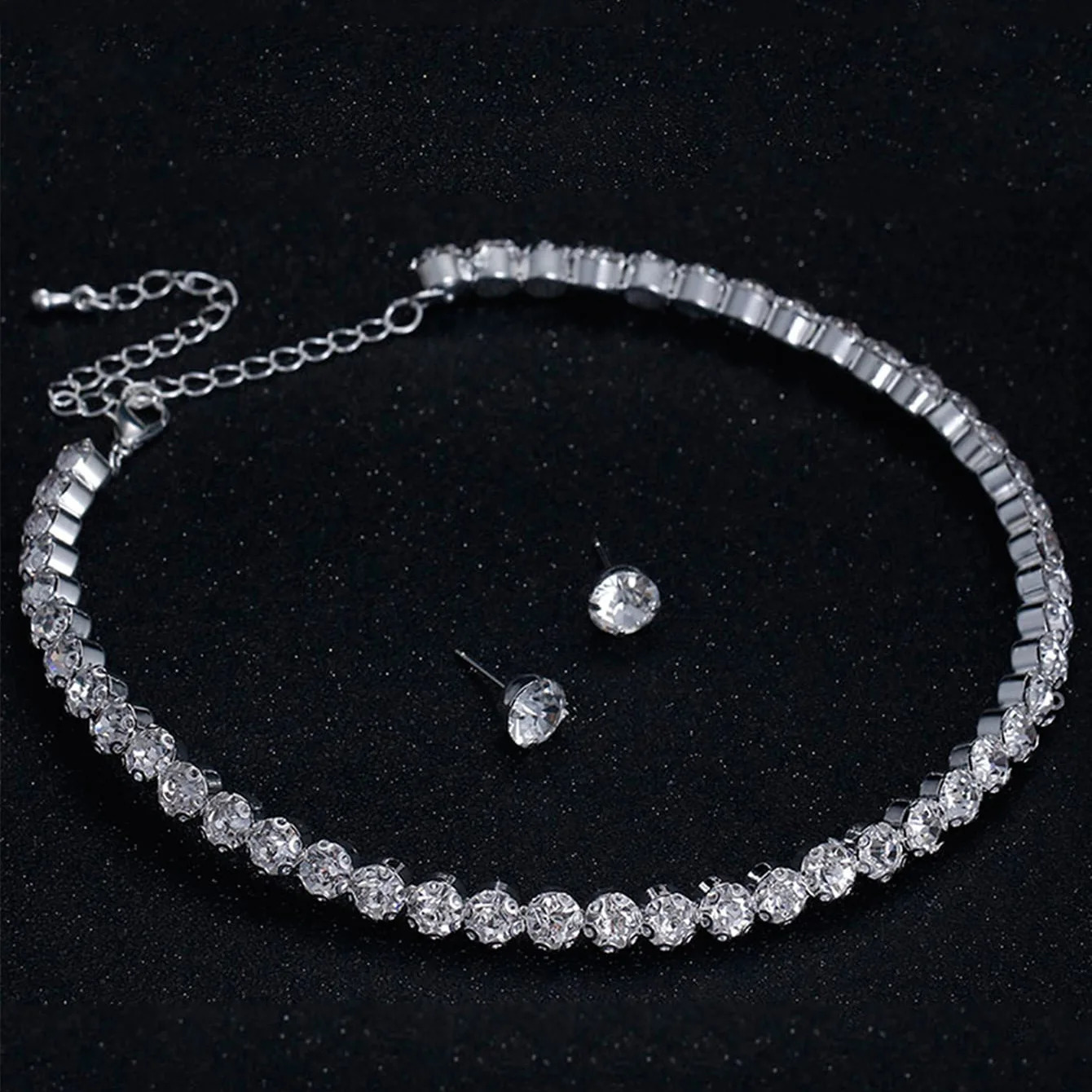 Round Crystal Jewelry Set for Women Charm Silver Color Bracelet Stud Earring Zircon Chain Necklace Wedding Party 250103