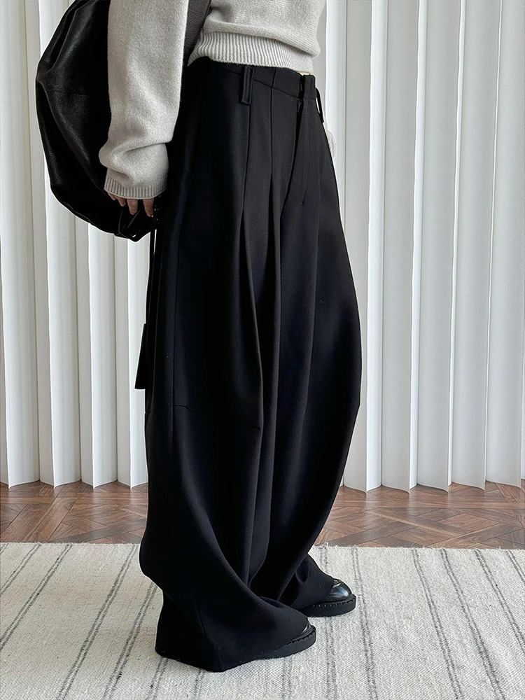 LANMREM Winter Thick Warm Pants For Women High Waist Pleated Wide Leg Trousers Office Lady Clothes Minimalism 26C967 250108