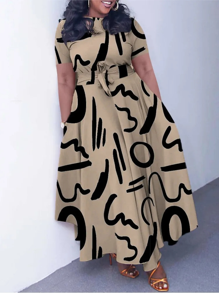 Casual Short Sleeve Woman Dress Office Lady Spring Summer Fashion Loose Print Lace Up Dresses For Women Female Robe 250106