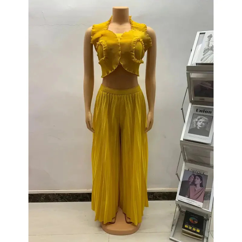 Europe America and Africa Miyake Pleated Print Black Butterfly Animal Flower Top Wideleg Straight Pants Twopiece Set 250106